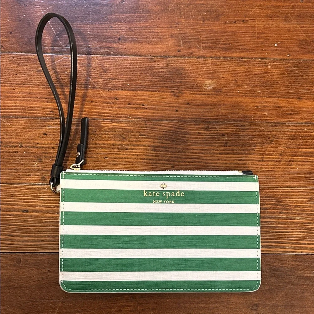 Kate Spade Green and White Striped Wristlet